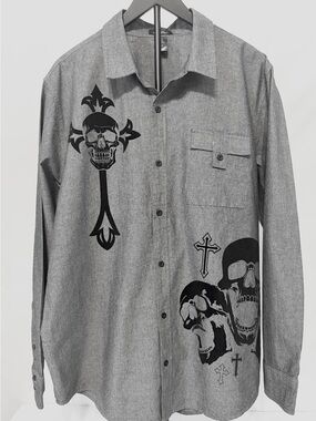Social Collision Men Black Flocked Skull Long Sleeve Woven Button Up Shirt Large